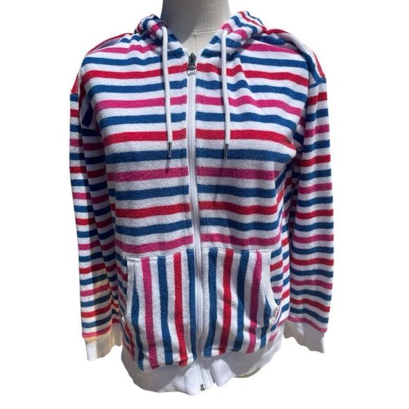 Lands End Nauticsl Stripe Red White Blue Terry Hoodie Size Medium EUC - Picture 1 of 6